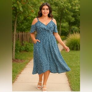 BloomChic Blue Floral Cold Shoulder Midi Dress with Ruffle Detail – Size 14-16